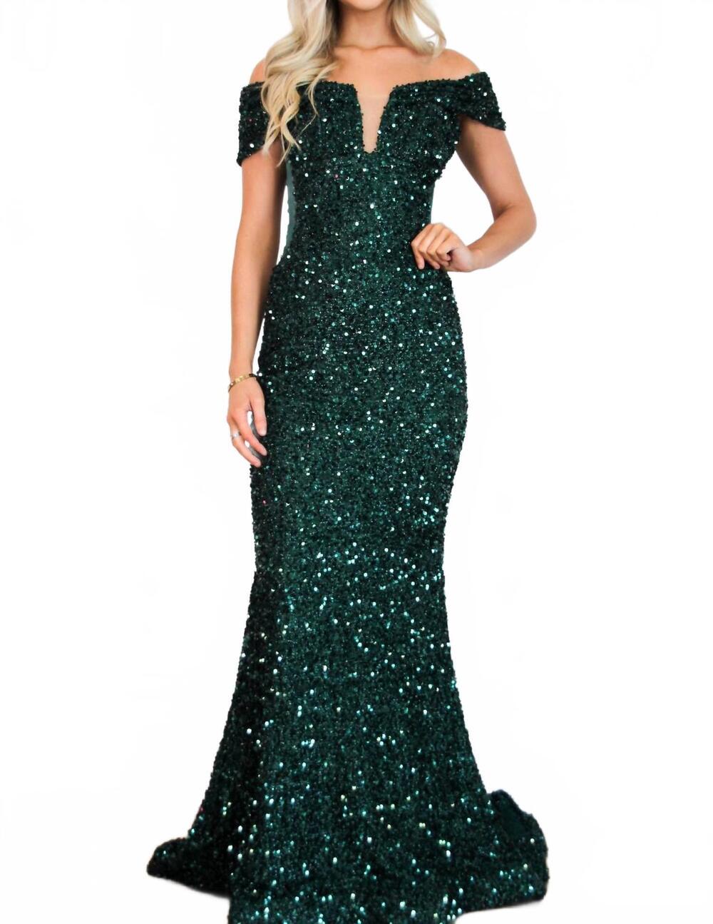 NEW CINDERELLA DIVINE stardust sequin off shoulder formal dress in emerald